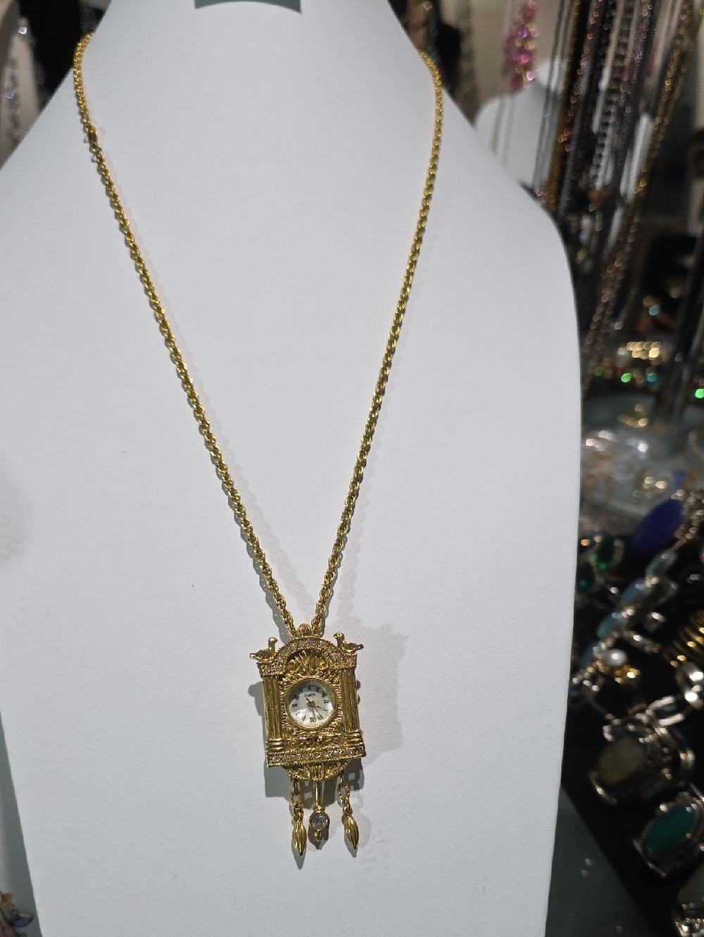 Gold Pendant Necklace with Miniature Clock Charm